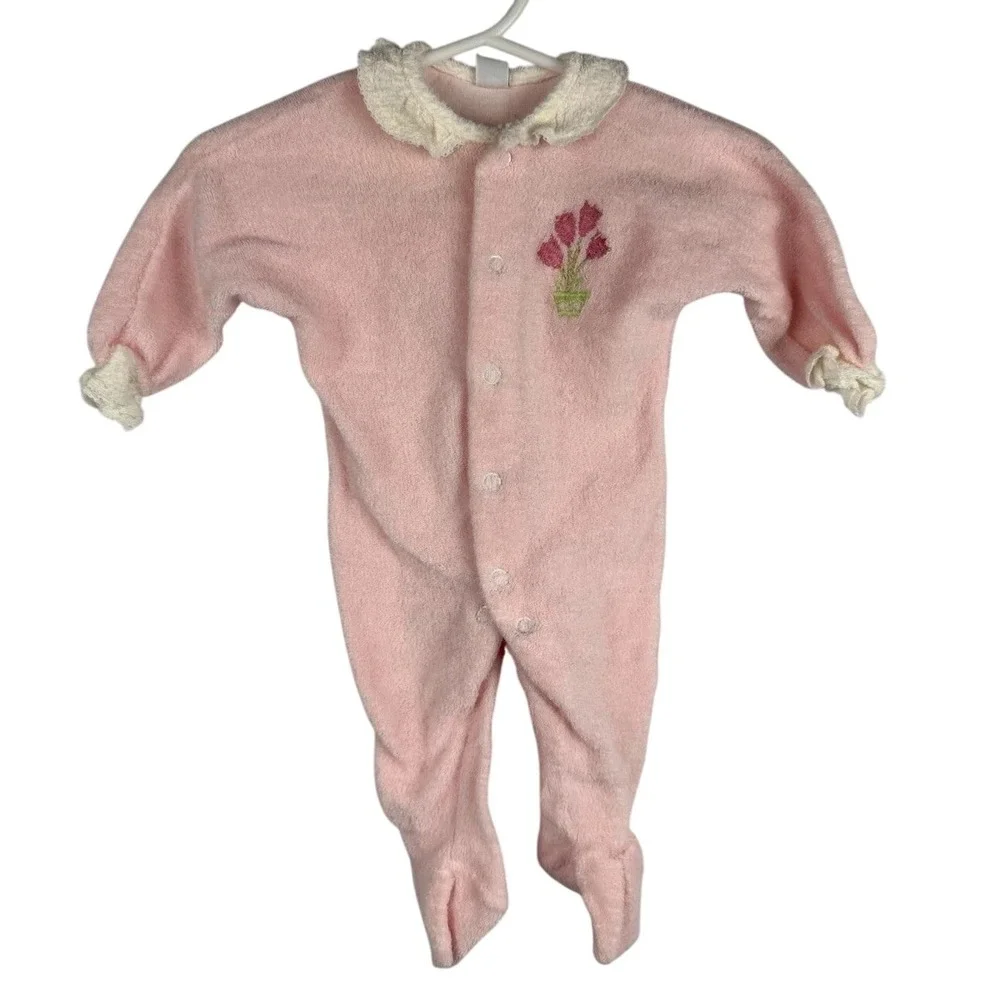 VTG Carter's‎ Baby Girl Footed Terry Cloth Sleeper Pink Collar Sz Small 3 Months
